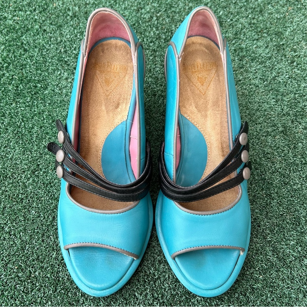 John Fluevog Vintage Miss April Peep Toe Wedge Heel Leather Turquoise Black 7 - Picture 12 of 13